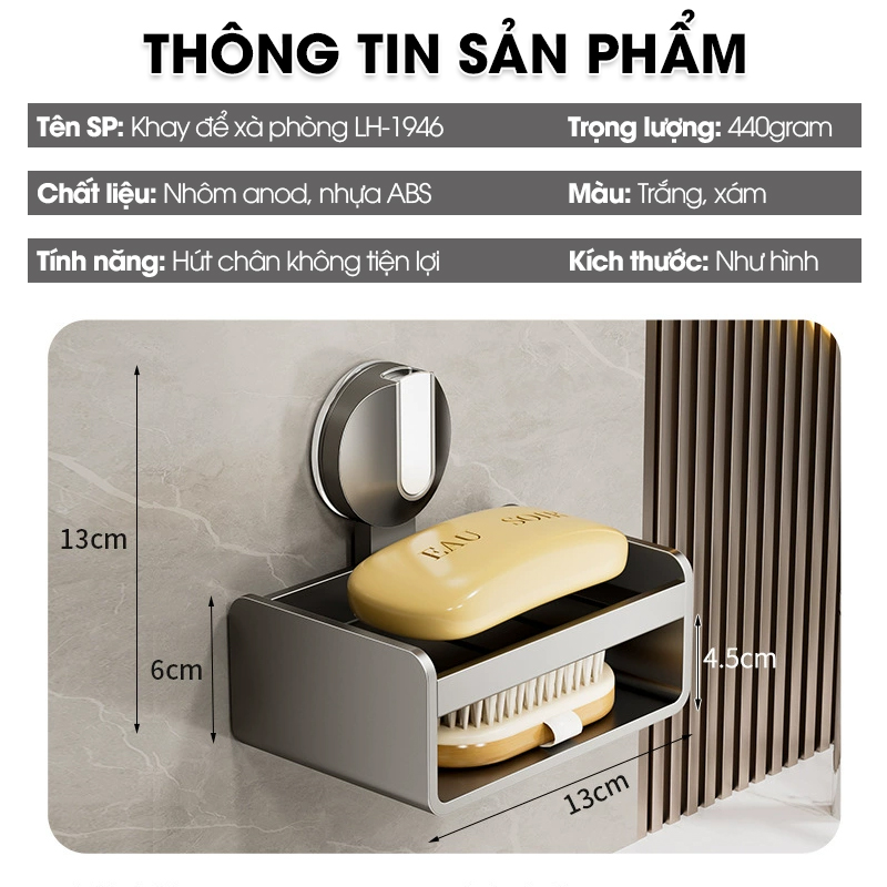 Khay đựng xà phòng LH-1946 có ngăn để bàn chải loại cốc hút chân không gắn tường dễ lắp đặt, nhôm anod không gỉ