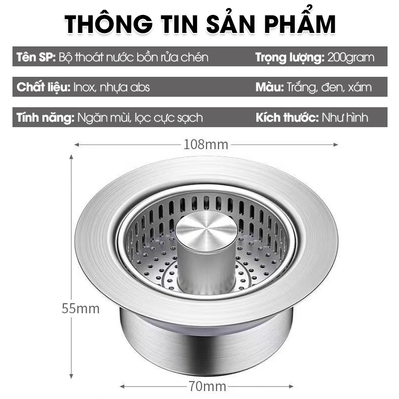 Bộ lọc thoát nước cho bồn rửa chén, nắp thoát chậu rửa nhà bếp LH-2504, chất liệu inox và đồng không rỉ cao cấp