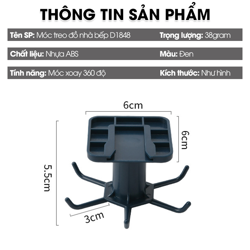 Móc xoay treo muỗng thìa nhà bếp, móc treo bếp, móc dán tường D1848