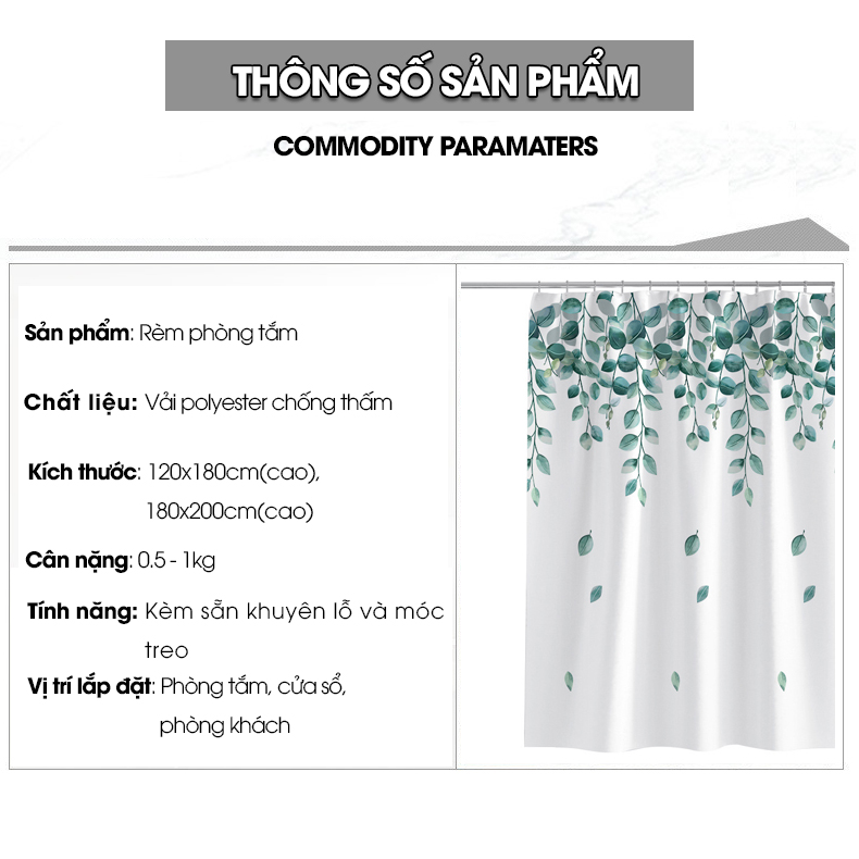 Rèm nhà tắm Poliester hoạt tiết Lá Rủ, chất liệu cao cấp không thấm nước, rèm lắp cho gia đình chung cư, khách sạn,...