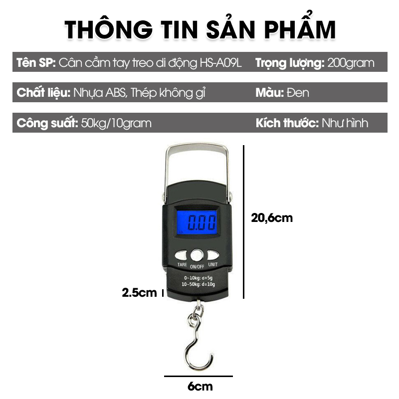 Cân cầm tay, cân treo di động 50kg HS-A09L cân chuyển phát nhanh dropship, có kèm thước dây tiện lợi