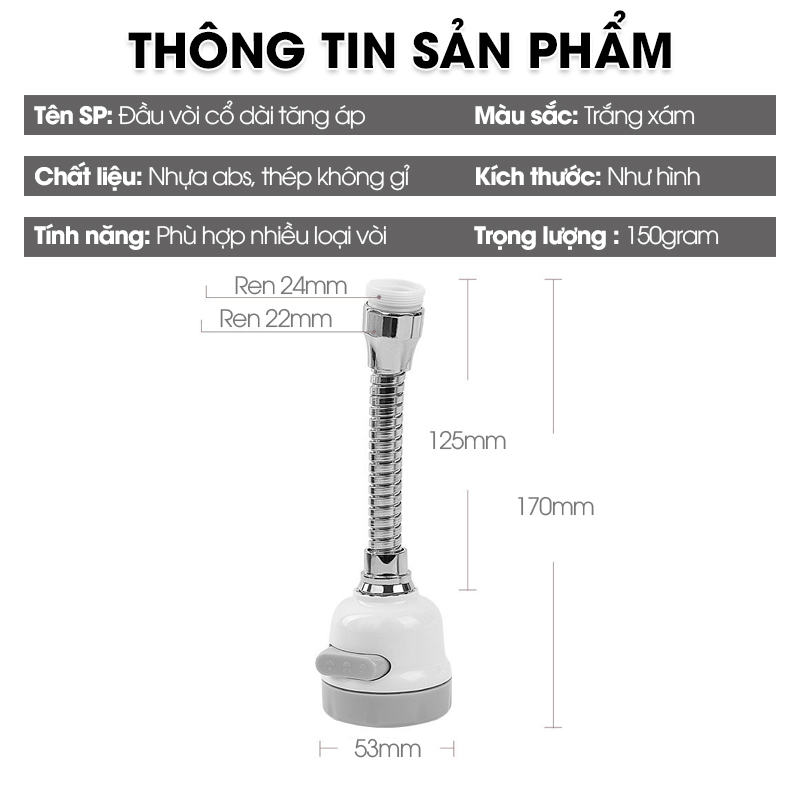 Đầu vòi cổ dài tăng áp 3 cấp độ gắng vòi rửa chén, dễ dàng xoay đến mọi ngóc ngách của bồn rửa