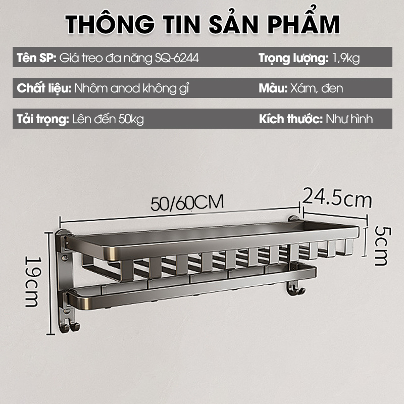 Giá treo khăn đa năng, kệ để khăn tắm gấp gọn SQ-6244 Nhôm Anod không rỉ