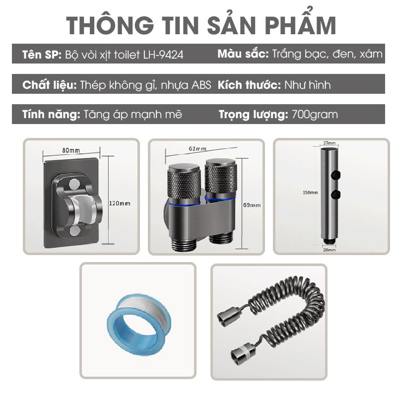 Bộ vòi xịt vệ sinh, toilet cao cấp LH-9424 thép không rỉ, lõi đồng + dây lò xo 2m, giá đỡ dán tường, van chia chữ H