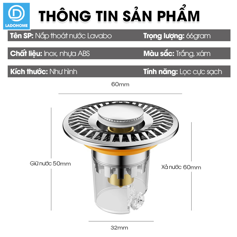Nắp thoát nước bồn rửa mặt, bồn lavabo chống tắc cống, chống mùi, nút ấn đơn giản dễ sử dụng
