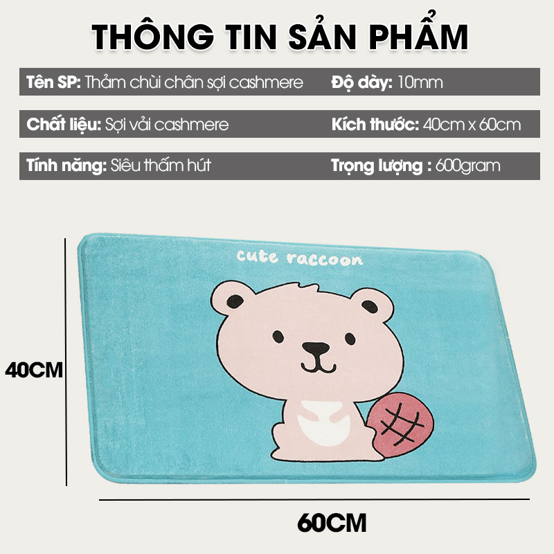 Thảm lau chân hoạt hình 40x60 lông Cashmere dày 10mm siêu thấm hút họa tiết dễ thương
