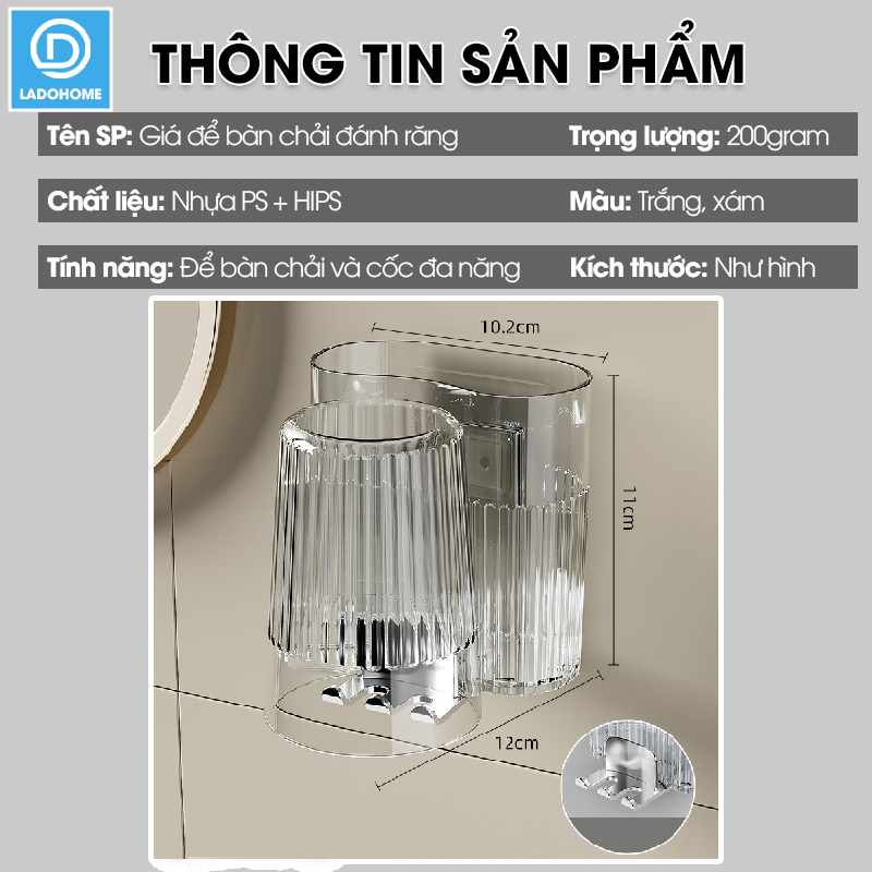 Giá để bàn chải và kem đánh răng kèm cốc súc miệng W8288 dán tường, nhựa PP nguyên sinh an toàn