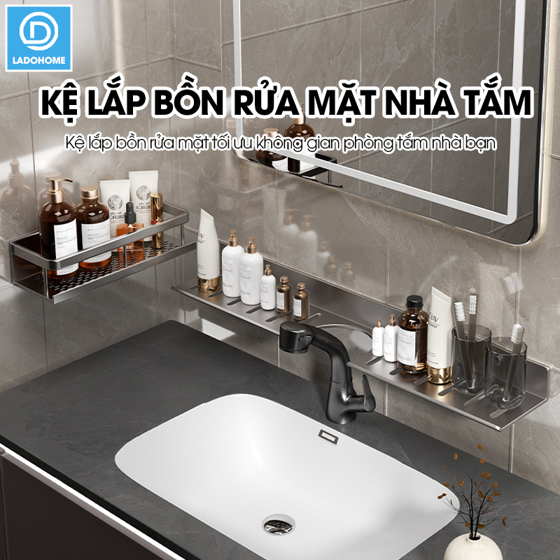 Kệ lắp bồn rửa mặt nhà tắm, giá để đồ trước gương LH-5588 Nhôm Anod không rỉ + tăng kèm keo dán + tắt kê ốc vít
