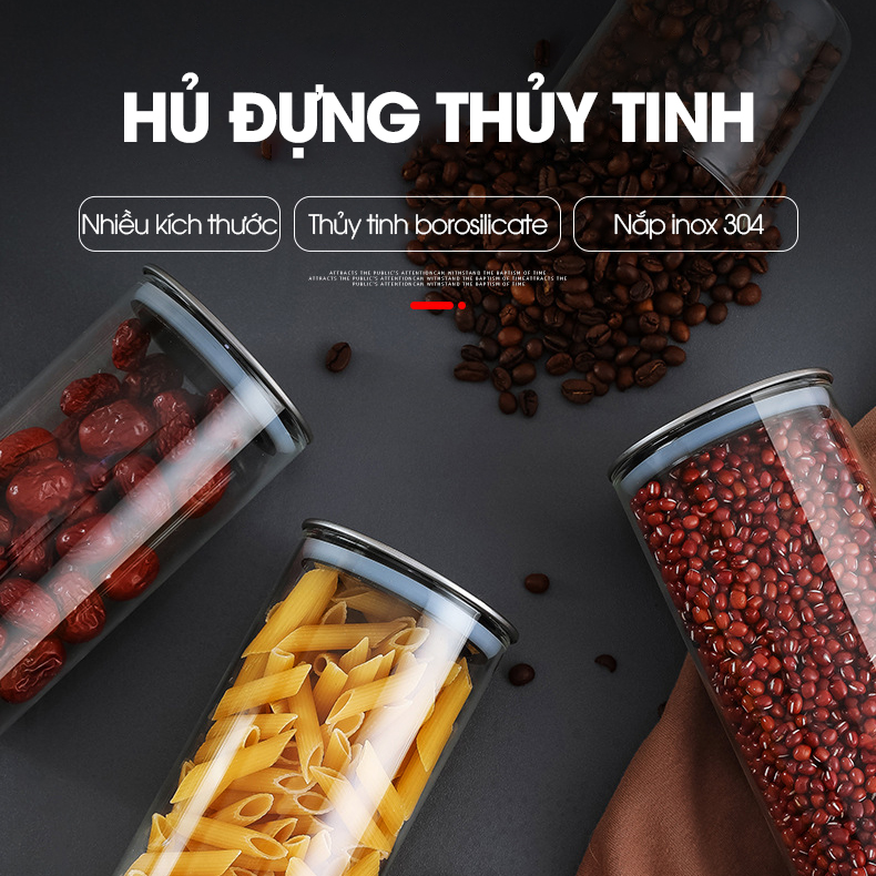 Hủ đựng trà thủy tinh, hủ đựng ngủ cốc nhà bếp, đồ ăn nhẹ snack, hủ gia vị có nắp bằng INOX cao cấp MFG-006