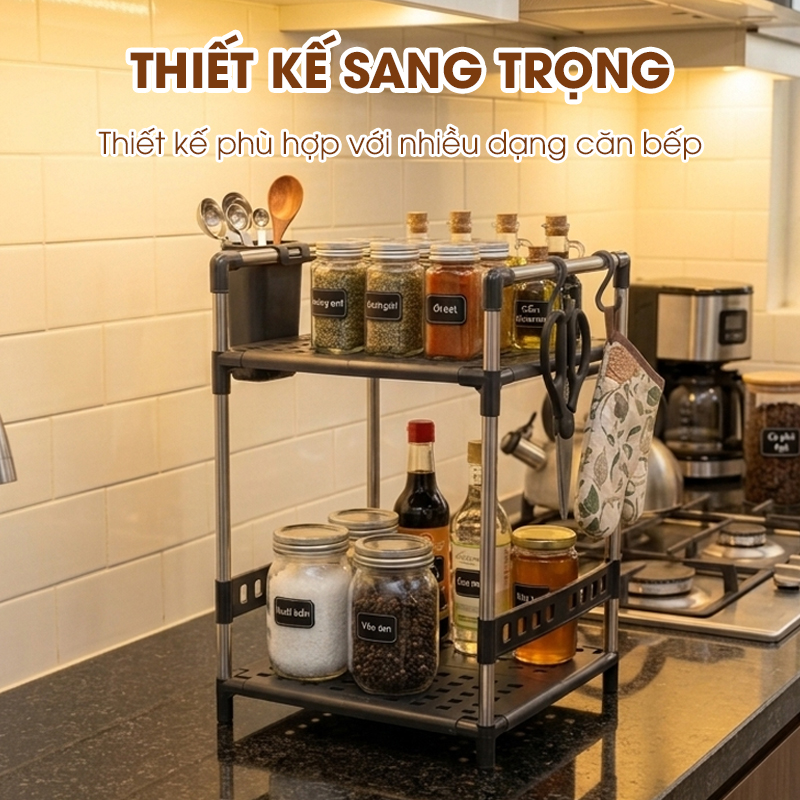Kệ để gia vị 2 tầng nhà bếp LD-3641, tặng kèm ống đũa móc treo, khung inox không rỉ và đế nhựa PP siêu chắc