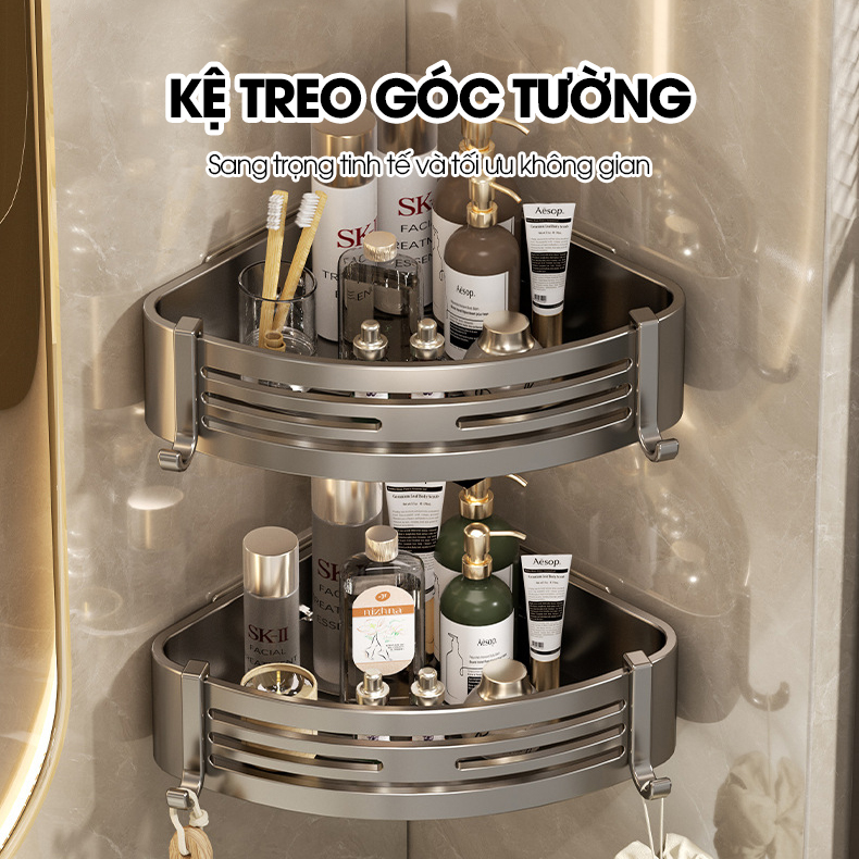 Kệ treo góc tường nhà tắm nhà bếp loại to miếng dán đôi LH-6636 Nhôm Anod không rỉ