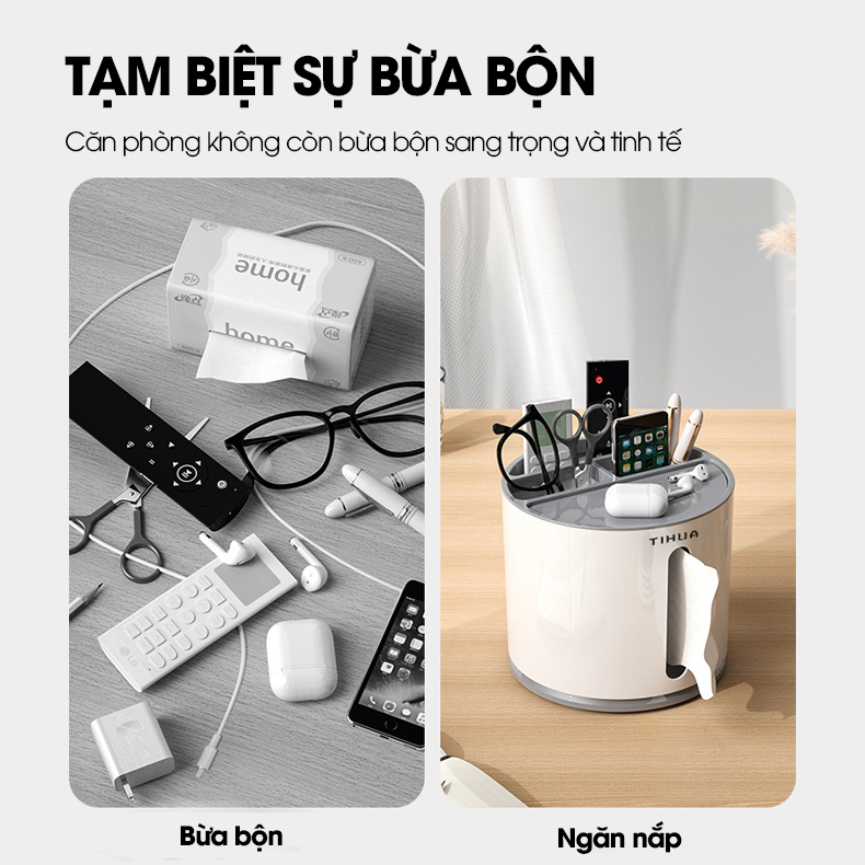 Hộp khăn giấy hộp đựng bút để bàn nhiều ngăn có thể xoay 360 TIHUA T9002