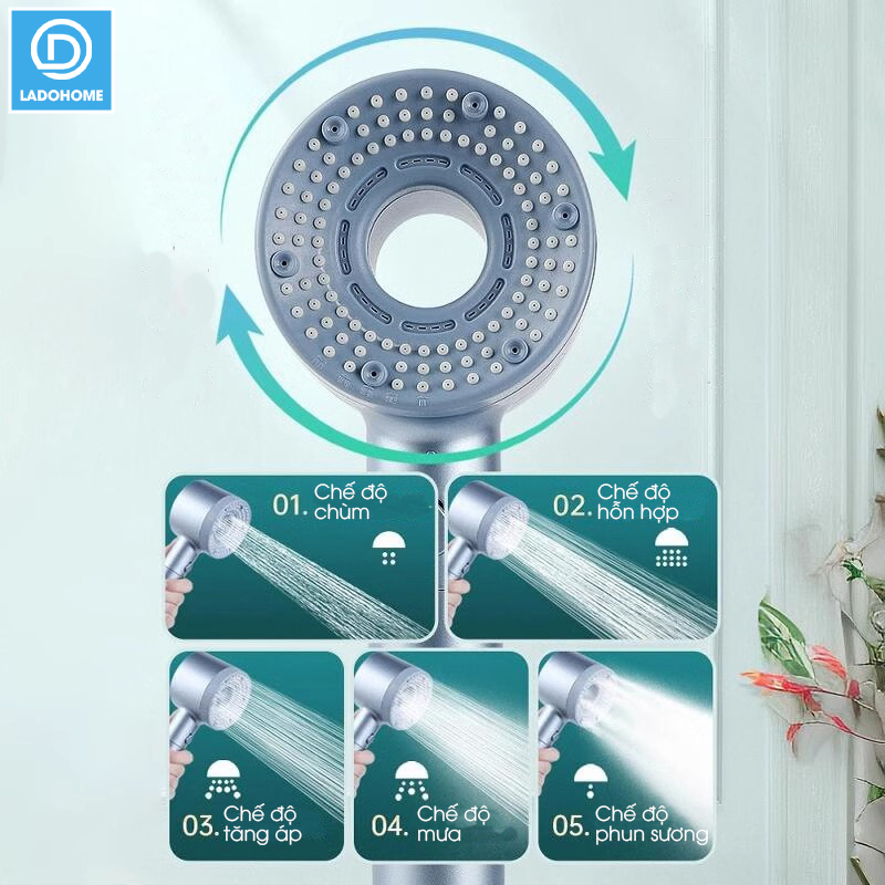 Bộ vòi sen điều áp 5 chế độ LH-9008 nhựa ABS cao cấp, lắp được cho nước nóng lạnh, có lõi lọc + dây ống 1.5m và giá đỡ