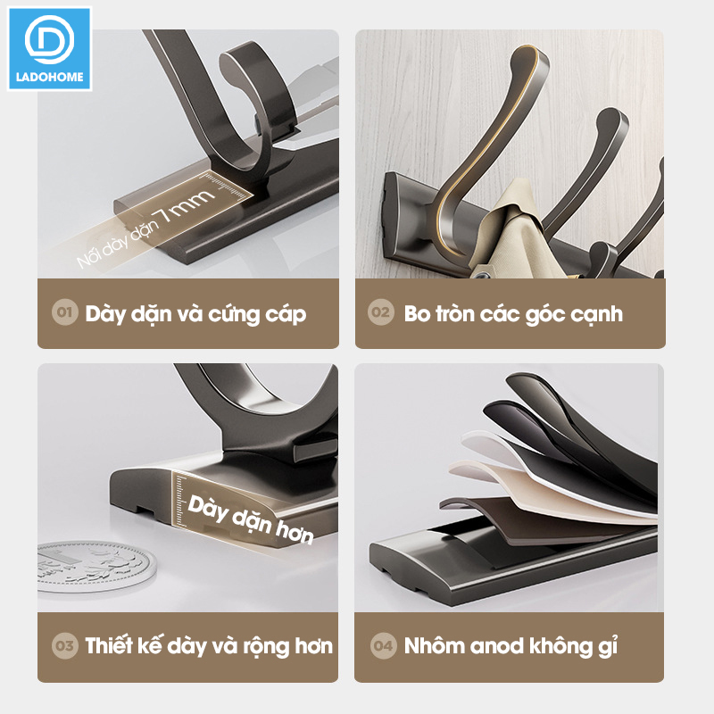Móc treo tường RX14 Nhôm anod không rỉ, móc treo quần áo phòng ngủ, phòng khách, nhà tắm, nhà bếp, móc treo sau cửa