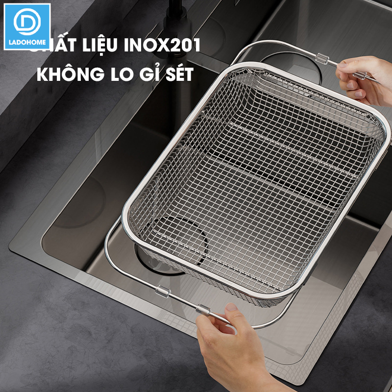 Rổ Inox treo bồn rửa chén, khay úp chén, khay rửa rau có thể điều chỉnh kích thước LD-2448