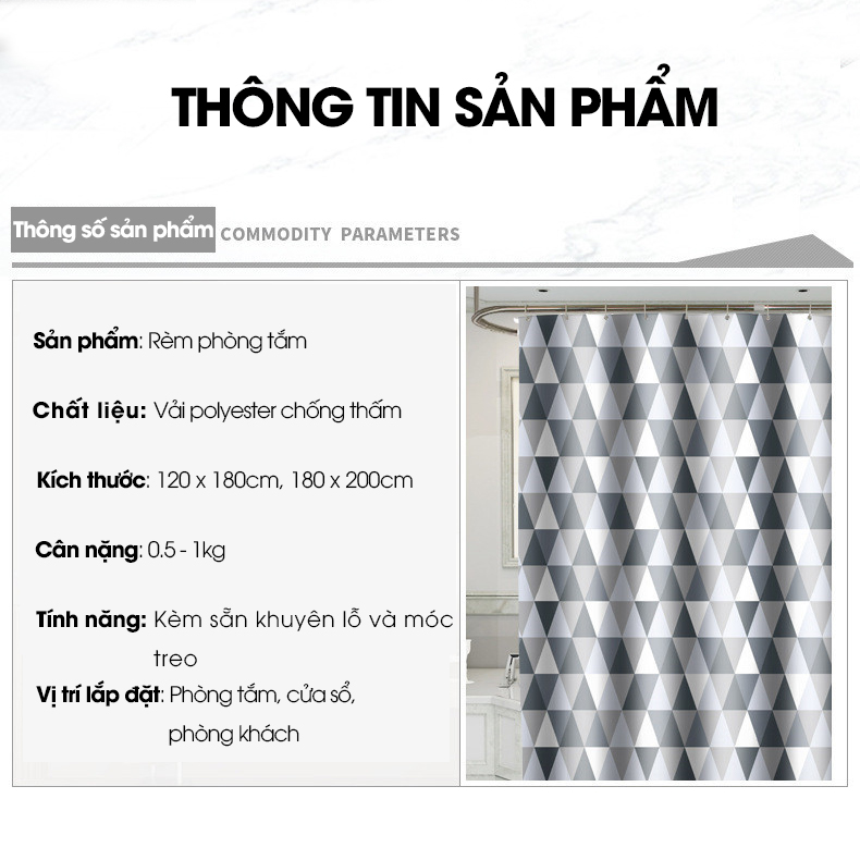 Rèm treo nhà tắm họa tiết kim cương, rèm Poliester không thấm nước, rèm treo khách sạn, chung cư, nhà trọ
