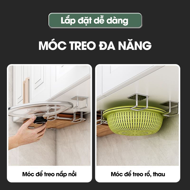 Móc dán tường nhà bếp đa năng RX17 gác nắp nồi, đồ gác nắp vung nồi, treo thớt, treo rổ rá, chất liệu INOX không rỉ