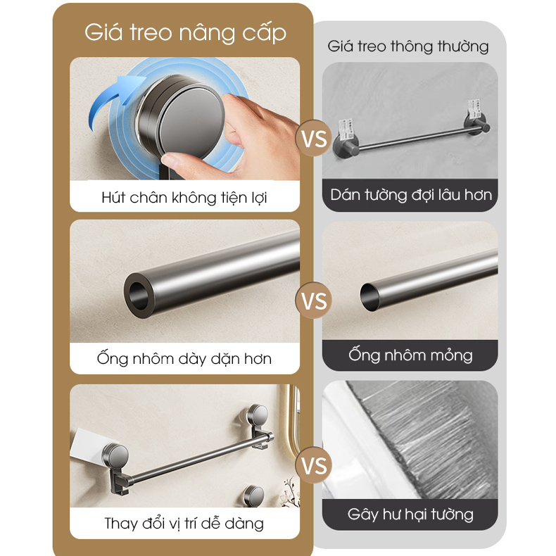 Giá treo khăn nhà tắm có móc hút chân không LD-5250, nhôm anod không rỉ, không cần khoan đục, dễ dàng lắp đặt