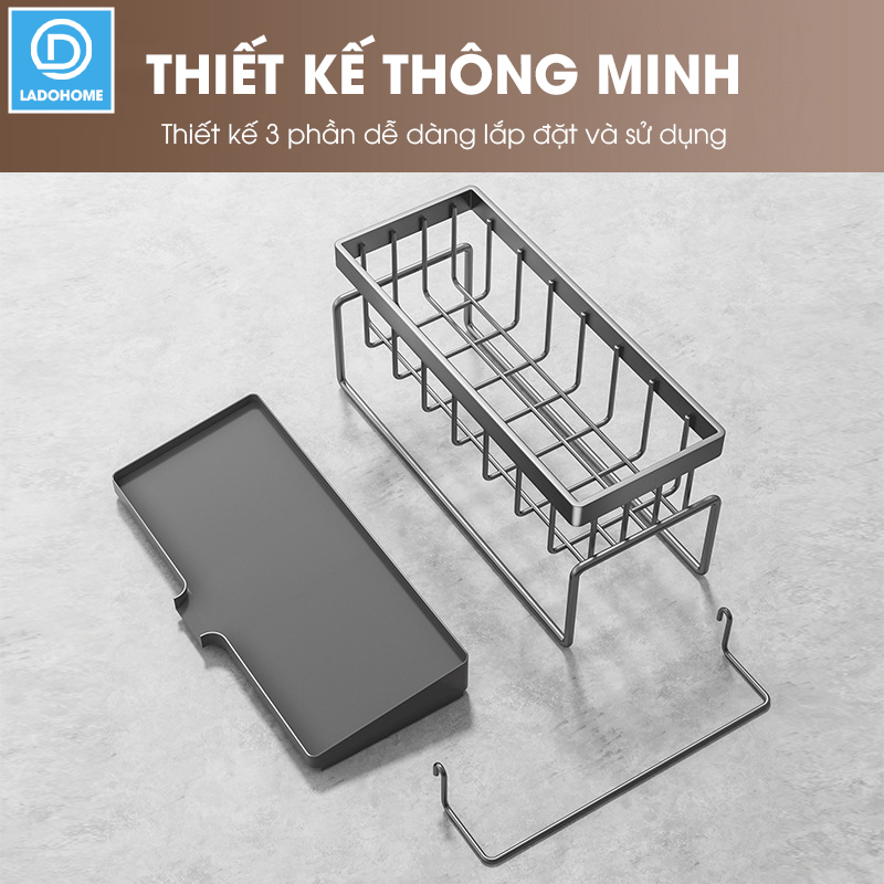 Kệ để đồ rửa chén LH-2337 để miếng bọt biển, nước rửa chén, có thanh treo khăn dạng lưới thoát nước nhanh chóng