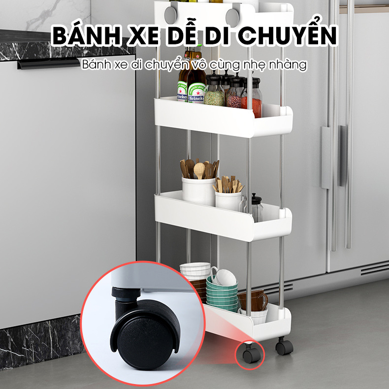 Kệ để đồ nhà bêp nhà tắm LH-3443 có bánh xe đẩy, kệ đứng cho khe hẹp tủ lạnh, phòng tắm, phòng bếp