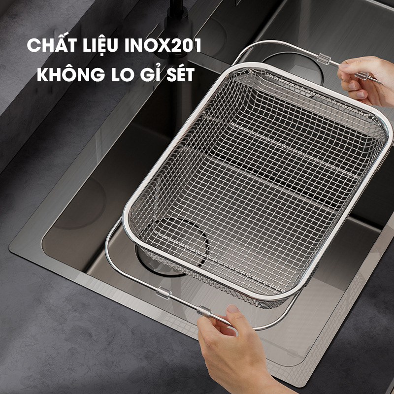 Rổ Inox treo bồn rửa chén, khay úp chén, khay rửa rau có thể điều chỉnh kích thước LD-2448