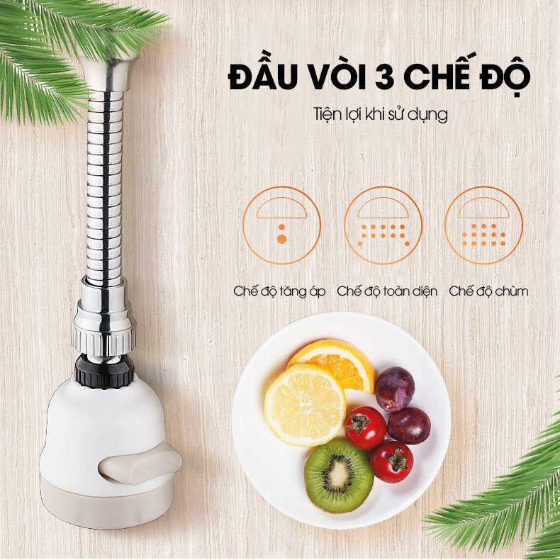 Đầu vòi cổ dài tăng áp 3 cấp độ gắng vòi rửa chén, dễ dàng xoay đến mọi ngóc ngách của bồn rửa