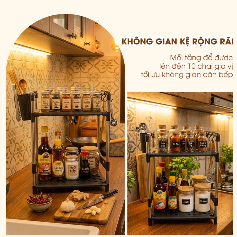 Kệ để gia vị 2 tầng nhà bếp LD-3641, tặng kèm ống đũa móc treo, khung inox không rỉ và đế nhựa PP siêu chắc