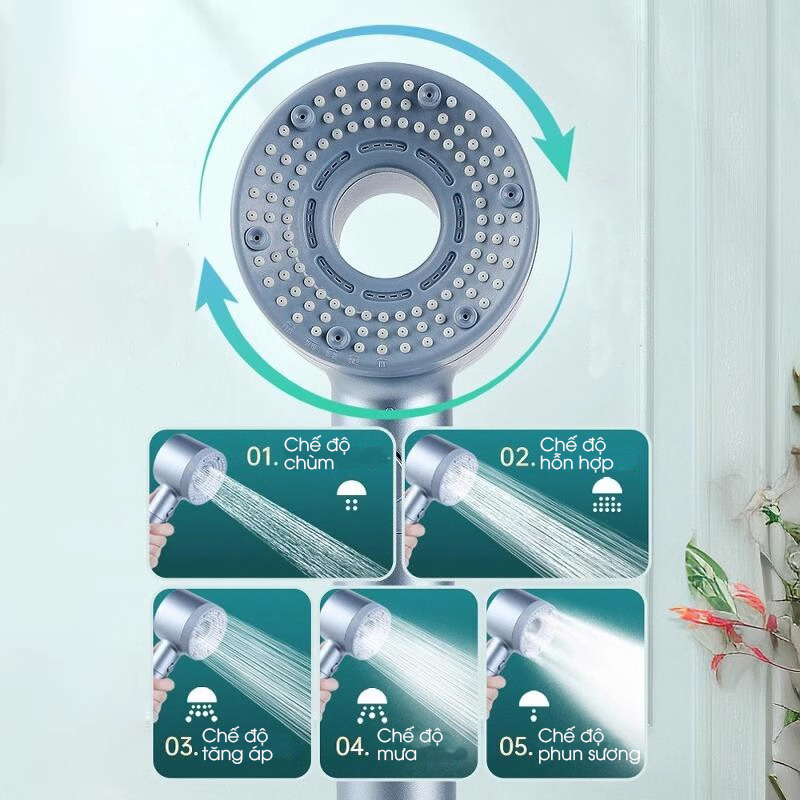 Bộ vòi sen điều áp 5 chế độ LH-9008 nhựa ABS cao cấp, lắp được cho nước nóng lạnh, có lõi lọc + dây ống 1.5m và giá đỡ