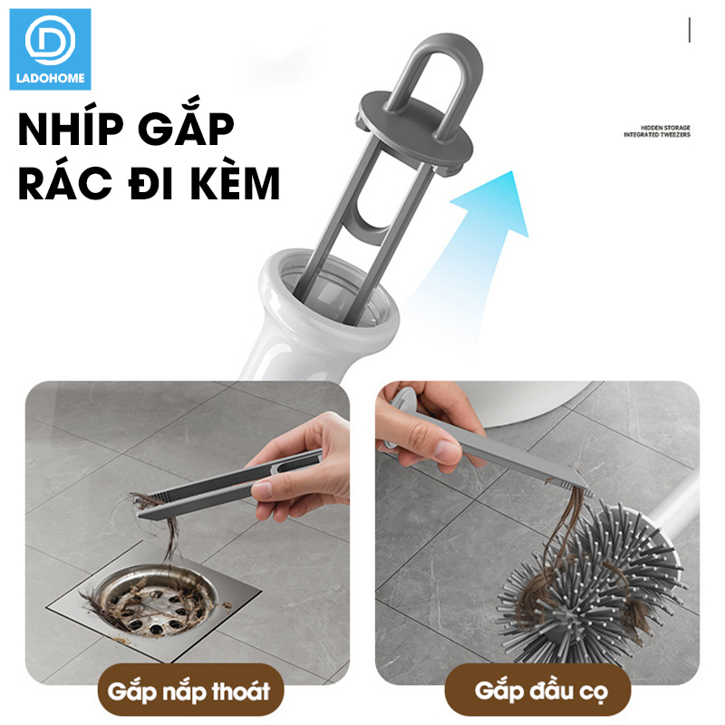 Cọ chà vệ sinh bồn cầu cán dài silicon gắn tường MT14 + tặng kèm kẹp gắp lông tóc
