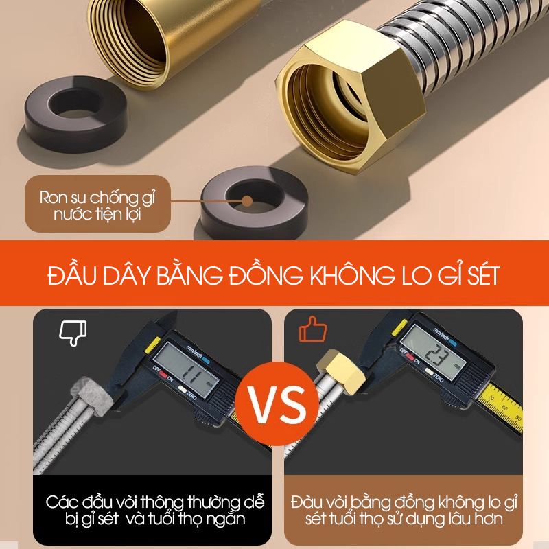 Ống nước vòi sen vòi vệ sinh lõi lớn, tăng lưu lượng nước gấp nhiều lần, dây bọc inox 304 và 2 đầu đai ốc bằng đồng