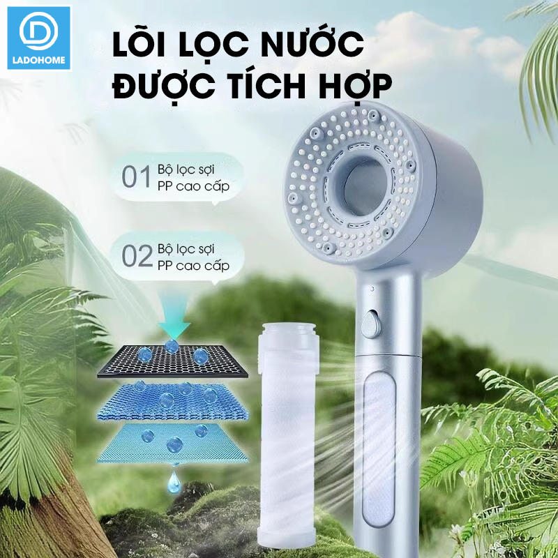 Bộ vòi sen điều áp 5 chế độ LH-9008 nhựa ABS cao cấp, lắp được cho nước nóng lạnh, có lõi lọc + dây ống 1.5m và giá đỡ