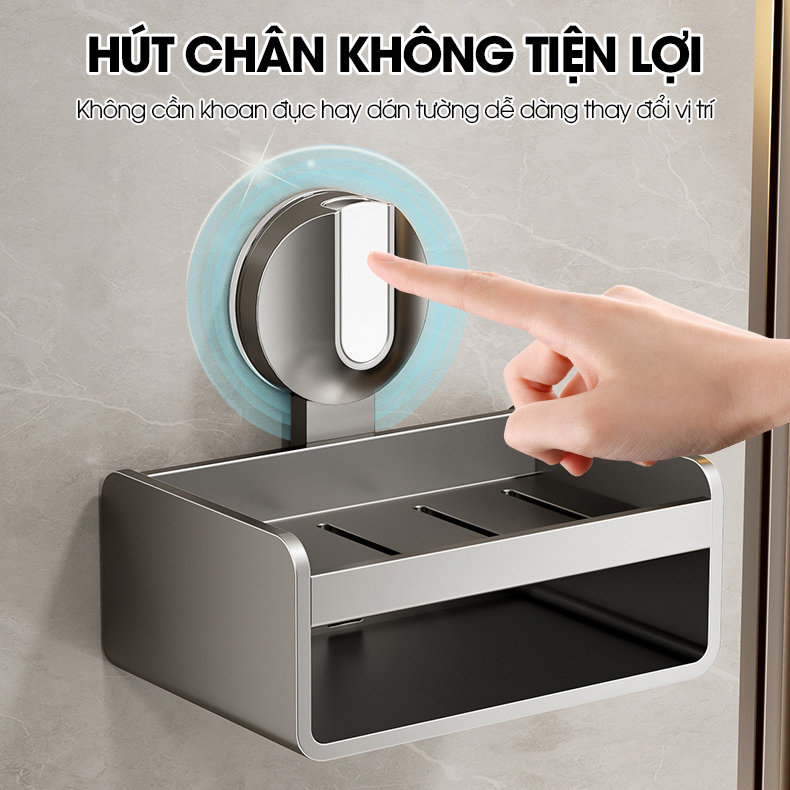 Khay đựng xà phòng LH-1946 có ngăn để bàn chải loại cốc hút chân không gắn tường dễ lắp đặt, nhôm anod không gỉ