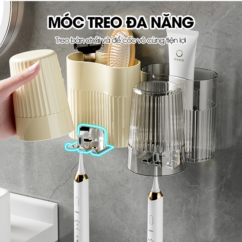 Giá để bàn chải và kem đánh răng kèm cốc súc miệng W8288 dán tường, nhựa PP nguyên sinh an toàn