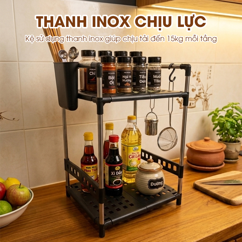 Kệ để gia vị 2 tầng nhà bếp LD-3641, tặng kèm ống đũa móc treo, khung inox không rỉ và đế nhựa PP siêu chắc