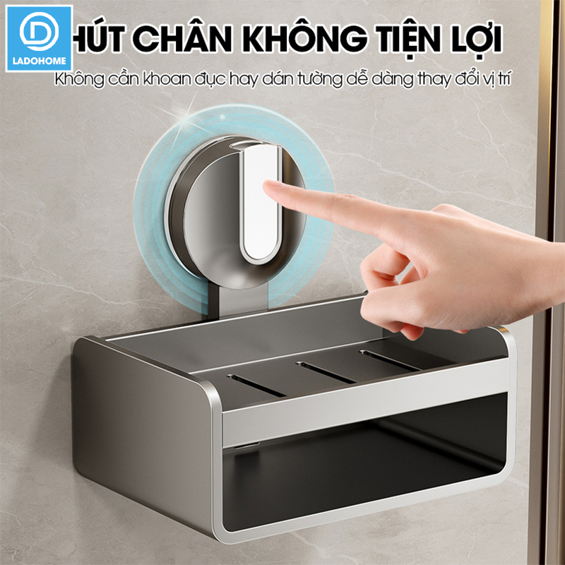 Khay đựng xà phòng LH-1946 có ngăn để bàn chải loại cốc hút chân không gắn tường dễ lắp đặt, nhôm anod không gỉ