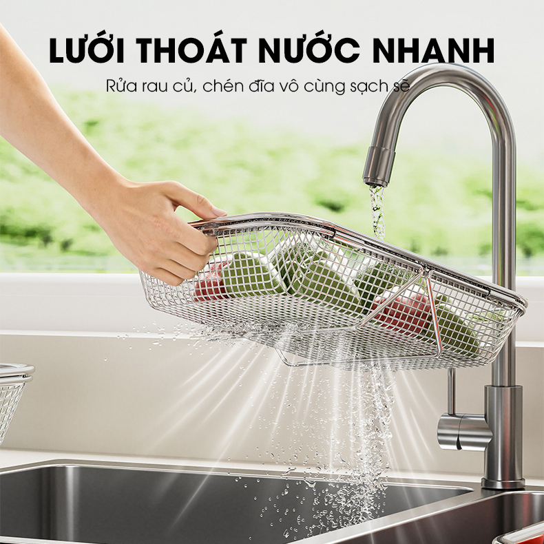 Rổ Inox treo bồn rửa chén, khay úp chén, khay rửa rau có thể điều chỉnh kích thước LD-2448