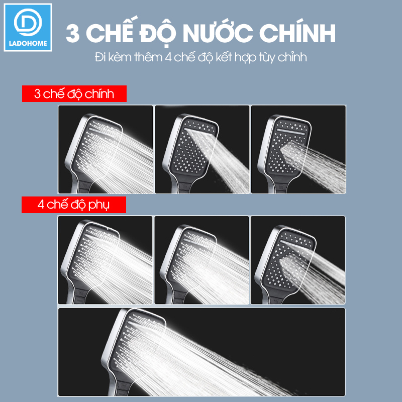 Vòi sen tăng áp bản to hiện đại 7 chế độ LD-9011, lưu lượng nước lớn và chế độ nút bấm dễ sử dụng