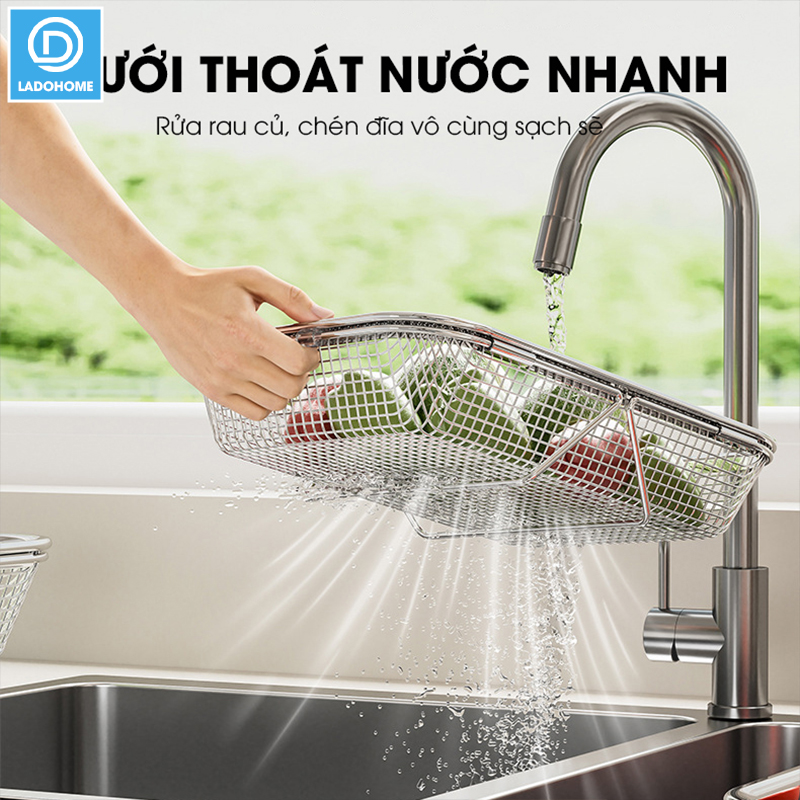 Rổ Inox treo bồn rửa chén, khay úp chén, khay rửa rau có thể điều chỉnh kích thước LD-2448