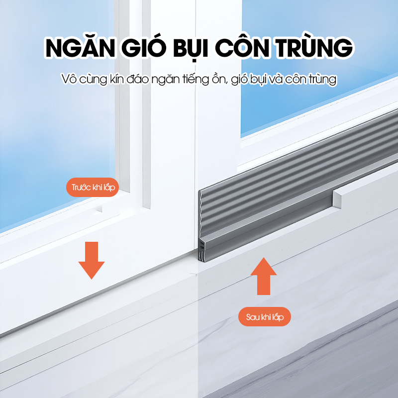 Chặn khe cửa sổ, cửa lùa, cửa sổ đường ray hoặc cửa đóng mở có sẵn keo dán giúp ngăn gió bụi, côn trùng và cách âm