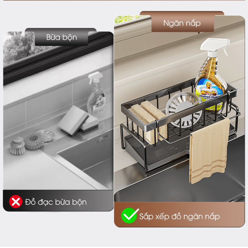 Kệ để đồ rửa chén LH-2337 để miếng bọt biển, nước rửa chén, có thanh treo khăn dạng lưới thoát nước nhanh chóng