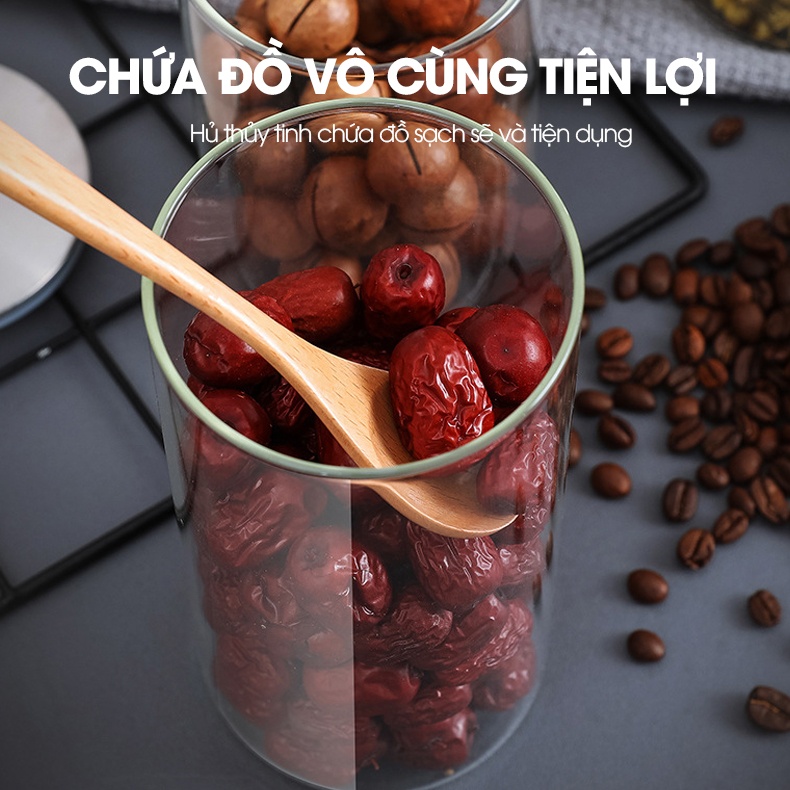 Hủ đựng trà thủy tinh, hủ đựng ngủ cốc nhà bếp, đồ ăn nhẹ snack, hủ gia vị có nắp bằng INOX cao cấp MFG-006