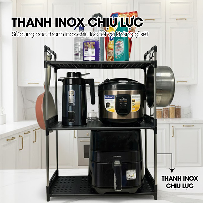 Kệ nhà bếp, kệ để đồ gia dụng nồi cơm điện, lò vi sóng, nồi chiên không dầu LD-3642, khung inox không rỉ chịu tải lớn