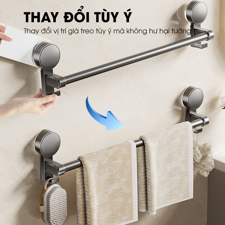 Giá treo khăn nhà tắm có móc hút chân không LD-5250, nhôm anod không rỉ, không cần khoan đục, dễ dàng lắp đặt