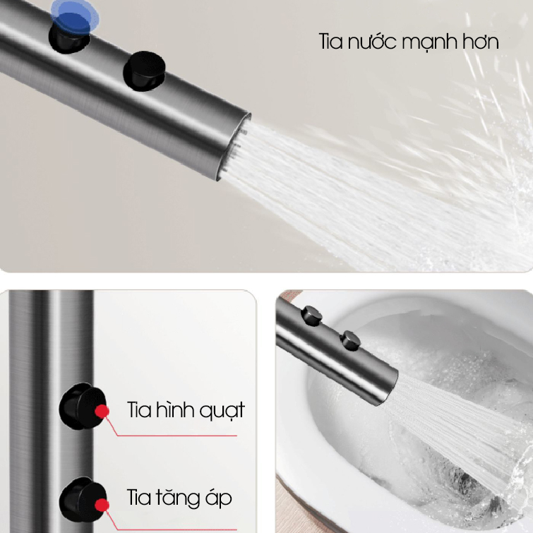 Bộ vòi xịt vệ sinh, toilet cao cấp LH-9424 thép không rỉ, lõi đồng + dây lò xo 2m, giá đỡ dán tường, van chia chữ H