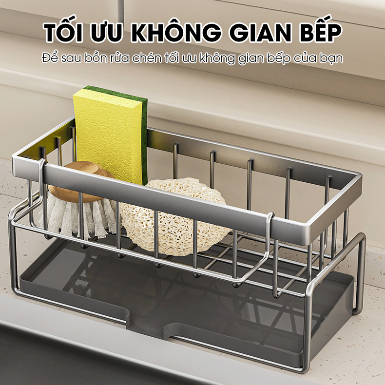 Kệ để đồ rửa chén LH-2337 để miếng bọt biển, nước rửa chén, có thanh treo khăn dạng lưới thoát nước nhanh chóng