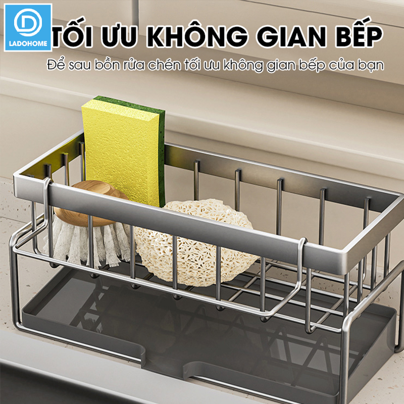 Kệ để đồ rửa chén LH-2337 để miếng bọt biển, nước rửa chén, có thanh treo khăn dạng lưới thoát nước nhanh chóng