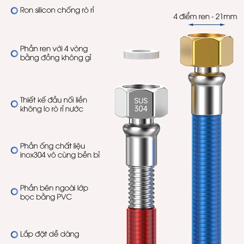 Ống dẫn nước nóng lạnh, ống nối cho bồn lavabo, bồn vệ sinh, máy giặt, máy nóng lạnh, inox 304 uốn cong tùy ý