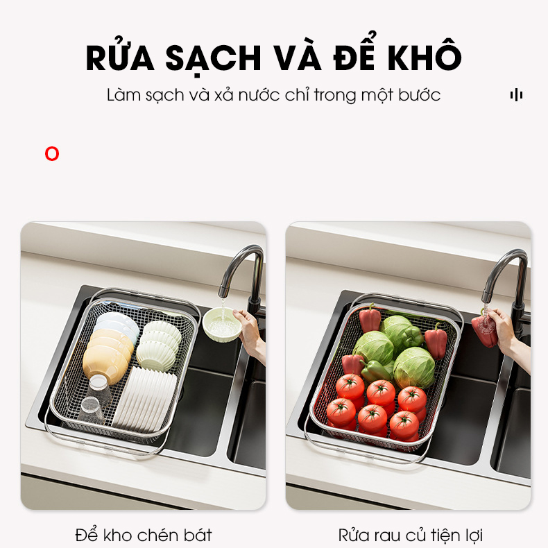 Rổ Inox treo bồn rửa chén, khay úp chén, khay rửa rau có thể điều chỉnh kích thước LD-2448