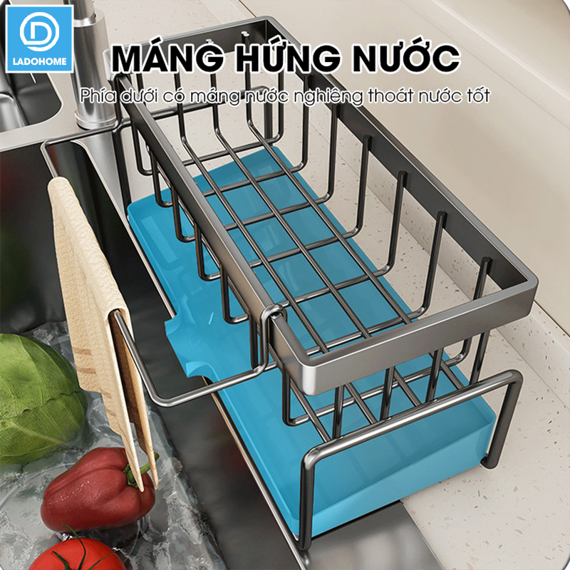 Kệ để đồ rửa chén LH-2337 để miếng bọt biển, nước rửa chén, có thanh treo khăn dạng lưới thoát nước nhanh chóng