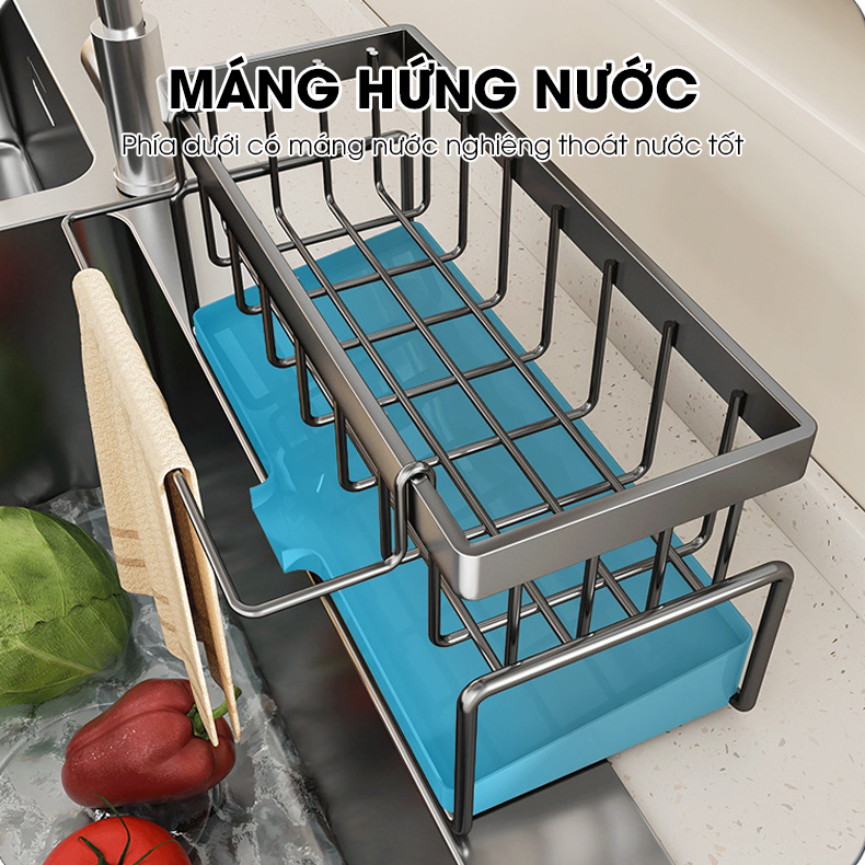 Kệ để đồ rửa chén LH-2337 để miếng bọt biển, nước rửa chén, có thanh treo khăn dạng lưới thoát nước nhanh chóng